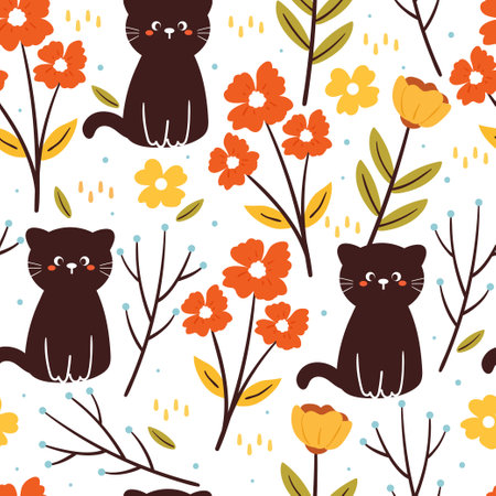 seamless pattern cartoon cat and flower. cute animal wallpaper for textile, gift wrap paperのイラスト素材