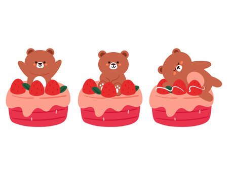 hand drawing cartoon cute dessert and cartoon bear sticker set. cute food and animal sticker, decor element. cute colorful dessert illustration stickerのイラスト素材