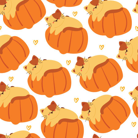 autumn seamless pattern with cartoon pumpkin and cat. cute fall autumn wallpaper for holiday theme, gift wrap paperのイラスト素材