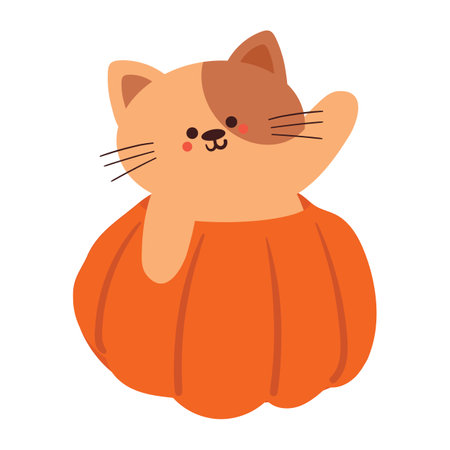 hand drawing cartoon cat inside a pumpkin. cute animal stickerのイラスト素材