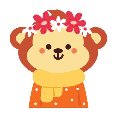 hand drawing cartoon monkey wearing flower crown and yellow scarf. cute animal stickerのイラスト素材