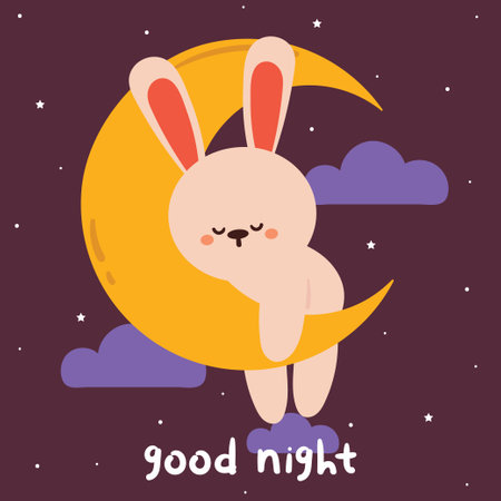 cute hand drawing cartoon bunny sleeping on the moon. cute animal wallpaper, animal background and animal card for kids, cardのイラスト素材