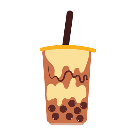 hand drawing cartoon milk tea with boba. cute drink stickerのイラスト素材