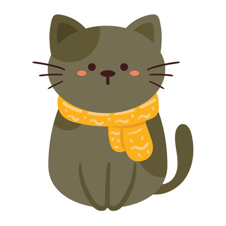 hand drawing cartoon cat wearing yellow scarf. cute animal stickerのイラスト素材