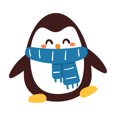 hand drawing cartoon penguin wearing blue scarf. cute animal stickerのイラスト素材