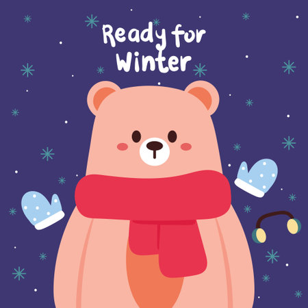 hand drawing cartoon bear wearing scarf with cartoon snowflake. cute winter wallpaper and background for cardのイラスト素材