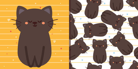 seamless pattern and card with cartoon cat. cute set of animal wallpaper and cardのイラスト素材