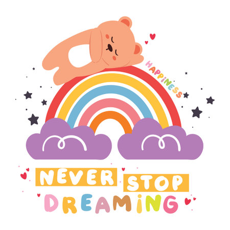 hand drawing cartoon bear sleeping on rainbow. card with quotes. cute animal drawing for card, wallpaper, backgroundのイラスト素材