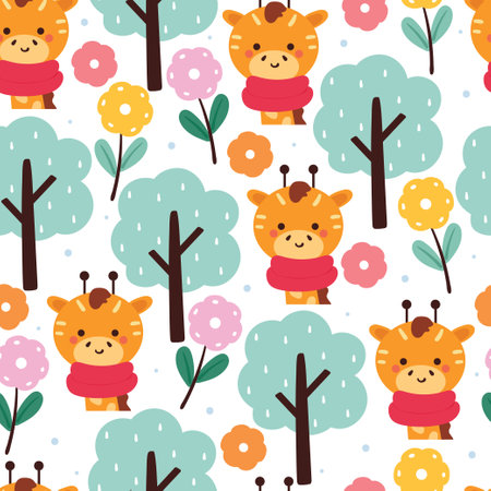 seamless pattern cartoon giraffe with plant and flowers in winter day. cute illustration design. animal pattern for gift wrap paperのイラスト素材