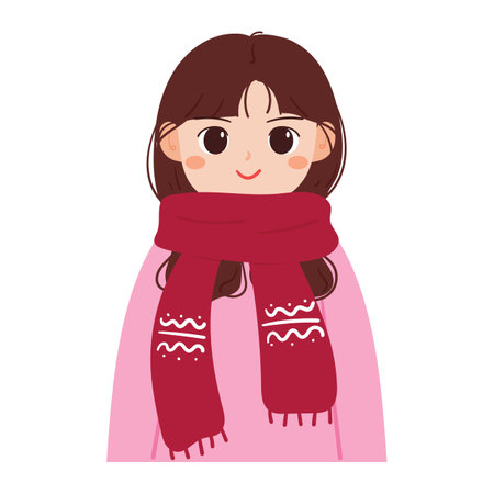 hand drawing cartoon girl wearing scarf in winter day. winter outfit. cute girl stickerのイラスト素材