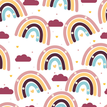 seamless pattern cute cartoon boho rainbow and clouds. cute wallpaper for gift wrap paperのイラスト素材