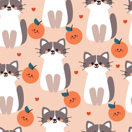 seamless pattern cartoon cat and orange. cute animal wallpaper illustration for gift wrap paperのイラスト素材