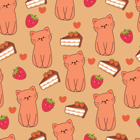 seamless pattern cartoon cat with dessert and strawberry. cute animal wallpaper illustration for gift wrap paperのイラスト素材