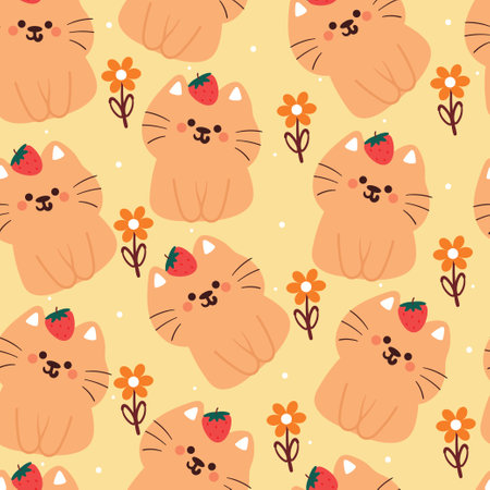 seamless pattern cartoon cat and flower. cute animal wallpaper for textile, gift wrap paperのイラスト素材