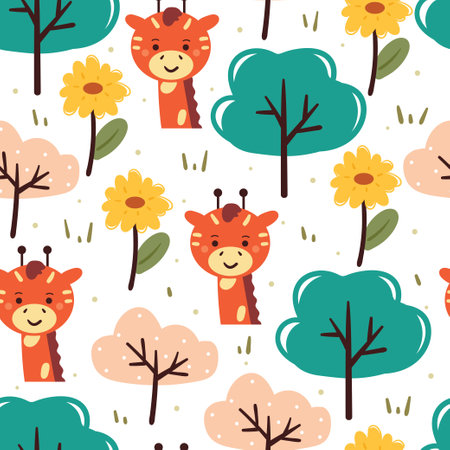 seamless pattern cartoon giraffe with flower, plant and tree. cute animal wallpaper for textile, gift wrap paperのイラスト素材
