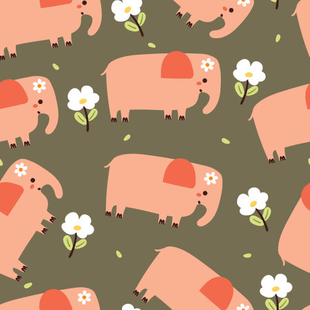 seamless pattern cartoon elephant with flower. cute animal wallpaper for textile, gift wrap paperのイラスト素材