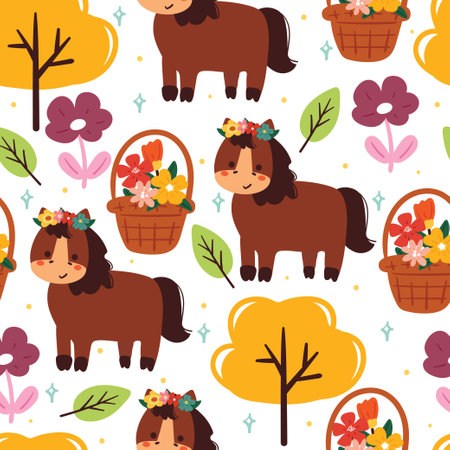 seamless pattern cartoon horse with plant and flower. cute animal wallpaper for textile, gift wrap paperのイラスト素材