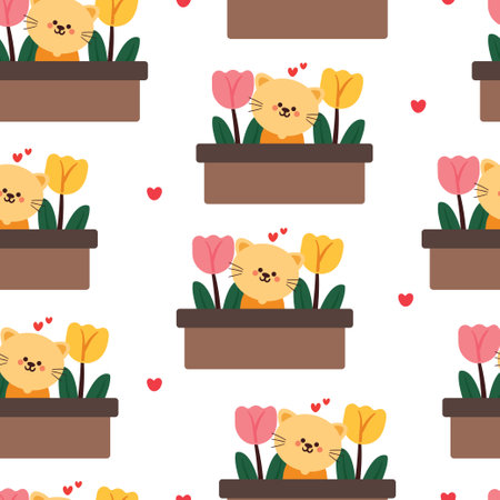 seamless pattern cartoon cat and flower pot. cute animal wallpaper for textile, gift wrap paperのイラスト素材