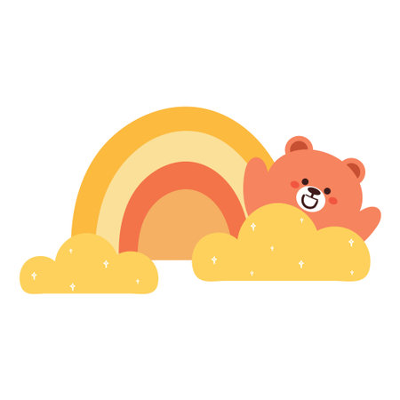 cute cartoon bear with rainbow and clouds. cute animal doodle stickerのイラスト素材