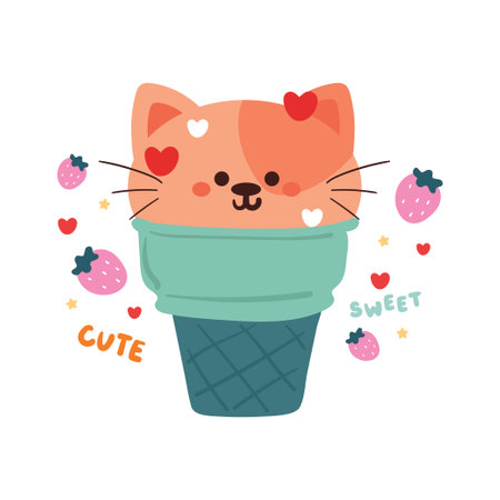 hand drawing cartoon cat inside ice cream cone. cute cat card, wallpaper, backgroundのイラスト素材