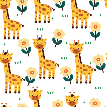 seamless pattern cartoon giraffe with flower, plant. cute animal wallpaper for textile, gift wrap paperのイラスト素材