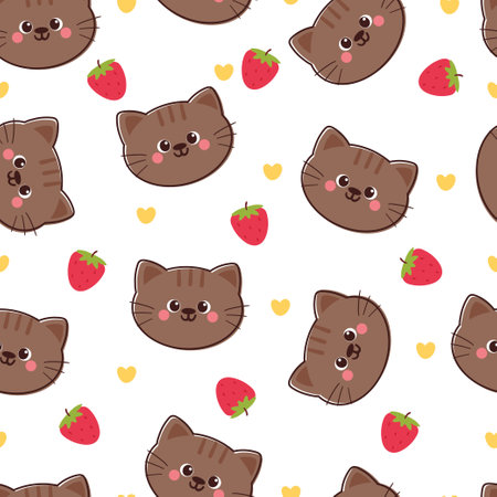 seamless pattern cartoon cat and strawberry. cute animal wallpaper illustration for gift wrap paperのイラスト素材