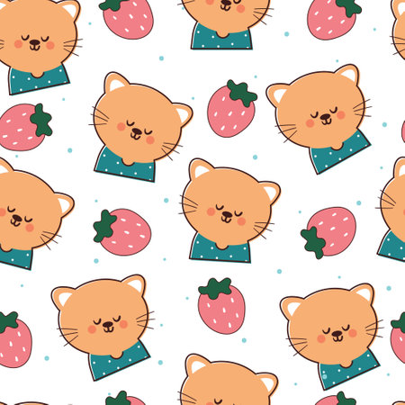 seamless pattern cartoon cat and strawberry. cute animal wallpaper illustration for gift wrap paperのイラスト素材