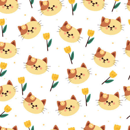 seamless pattern cartoon cat and flower. cute animal wallpaper for textile, gift wrap paperのイラスト素材