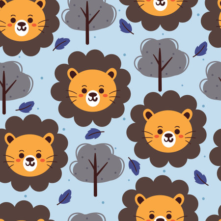 seamless pattern cartoon lion with tree and leaves. cute animal wallpaper illustration for gift wrap paperのイラスト素材