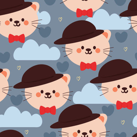 seamless pattern cartoon cat wearing hat and blue clouds. cute animal wallpaper illustration for gift wrap paperのイラスト素材