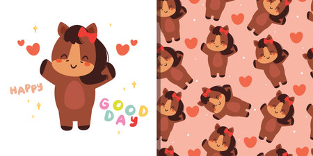 cute seamless pattern cartoon horse. cute wallpaper for kids, gift wrap paper. cute set of animal wallpaper and cardのイラスト素材