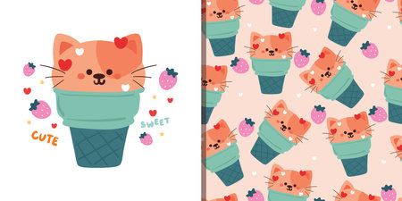 cute seamless pattern cartoon cat with cute dessert. cute wallpaper for kids, gift wrap paper. cute set of animal wallpaper and cardのイラスト素材