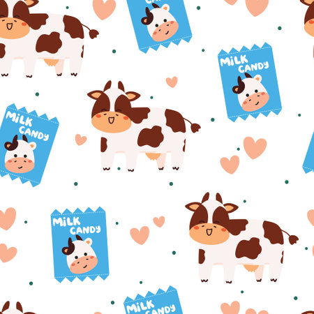 seamless pattern cartoon cow with milk candy. cute animal wallpaper for textile, gift wrap paperのイラスト素材