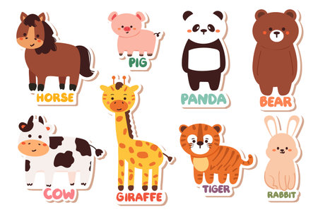 hand drawing cartoon animal sticker set. cute animal drawing, doodle setのイラスト素材