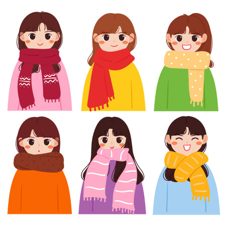 hand drawing cartoon girls wearing scarf sticker set. cute sticker for birthday party, doodle setのイラスト素材