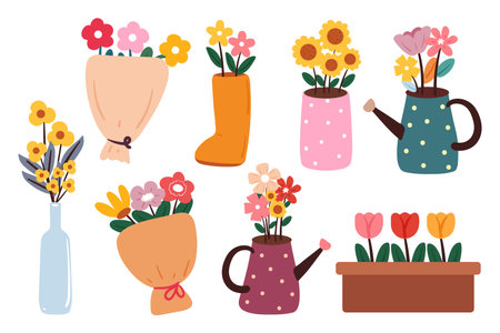 hand drawing cartoon flower and leaves sticker set. cute plant, doodle setのイラスト素材