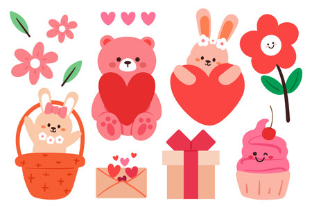 hand drawing cartoon valentine sticker set. cute valentine vibes sticker, doodle setのイラスト素材