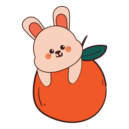 hand drawing cartoon bunny sticker with orange. cute animal drawing, doodleのイラスト素材