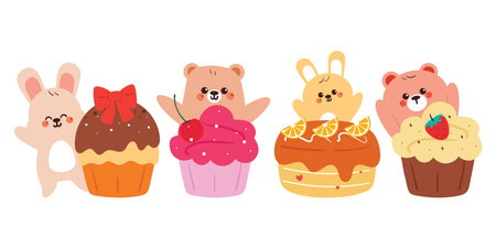 hand drawing cartoon bear and bunny with cute dessert sticker set. cute animal and food drawing,...