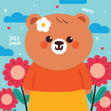 cute card with cartoon bear and flower. animal card with spring vibesのイラスト素材