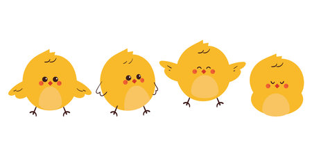 hand drawing cartoon chick sticker set. cute animal drawing, doodle setのイラスト素材