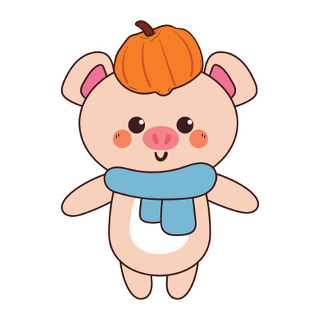 cute drawing cartoon pig with pumpkin. cute animal drawing, doodle, sticker for autumn vibesのイラスト素材