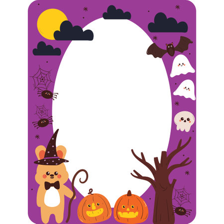 hand drawing cartoon cute frame with halloween doodle sticker. cute frame for card holder, photo frameのイラスト素材