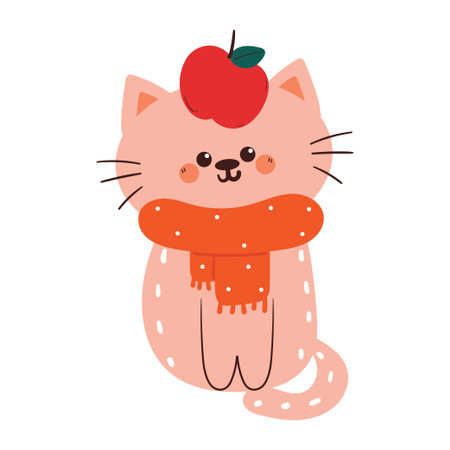 hand drawing cartoon cat with scarf and autumn stuff. cute animal drawing, doodle for autumnのイラスト素材