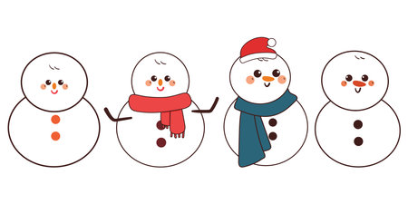 hand drawing cartoon snowman sticker set. cute winter doodle setのイラスト素材