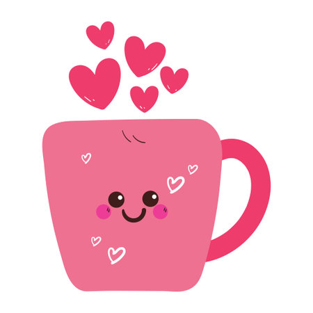 cute hand drawing cartoon pink cup with full of hearts. cute drawing for valentine sticker and iconのイラスト素材