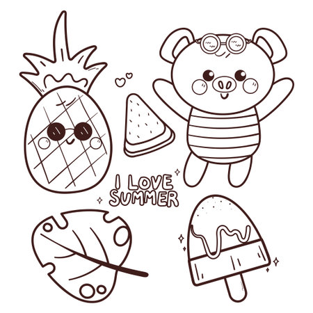 cute coloring page cartoon pig with summer element sticker. summer drawing sticker for coloring bookのイラスト素材