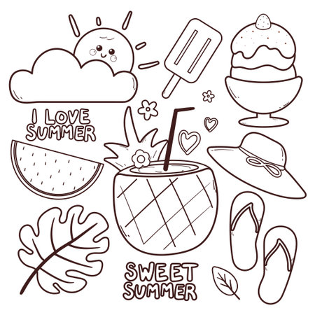 set of summer element drawing cartoon for coloring page or coloring bookのイラスト素材