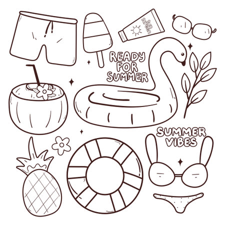 set of summer element drawing cartoon for coloring page, coloring bookのイラスト素材