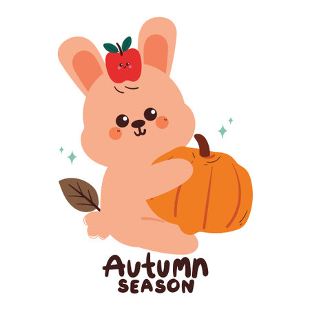 cute cartoon bunny with apple and pumpkin for autumn card and wallpaperのイラスト素材